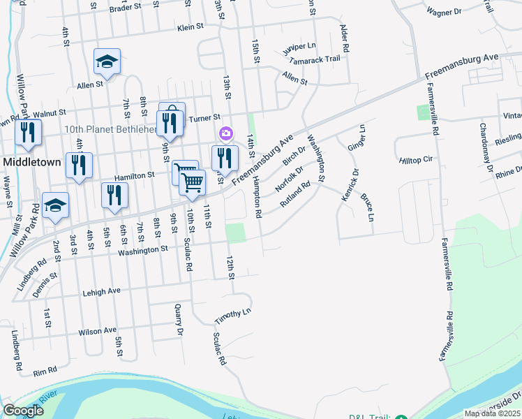 map of restaurants, bars, coffee shops, grocery stores, and more near 1806 Hampton Road in Bethlehem