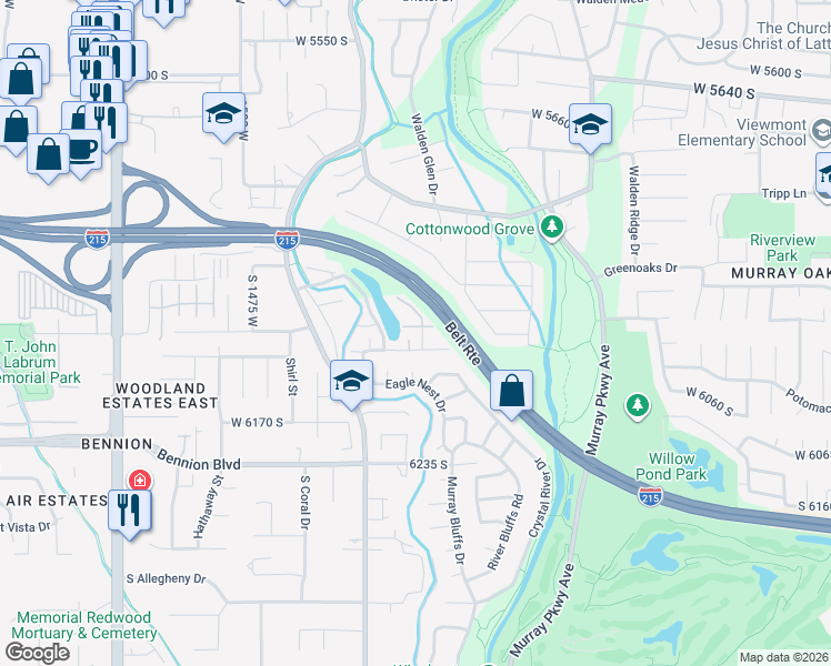 map of restaurants, bars, coffee shops, grocery stores, and more near 1207 Torwood Court in Murray