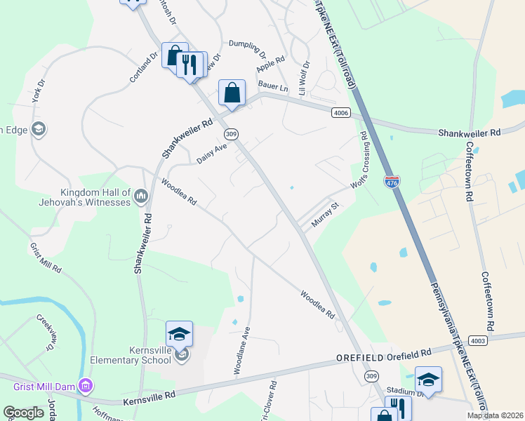 map of restaurants, bars, coffee shops, grocery stores, and more near 3314 Pennsylvania 309 in Lehigh County