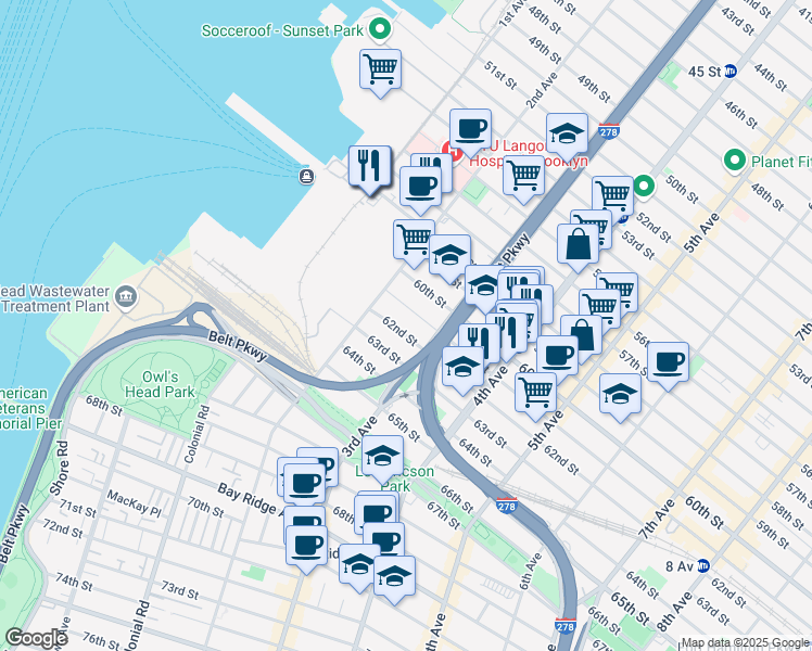 map of restaurants, bars, coffee shops, grocery stores, and more near 249 62nd Street in Brooklyn