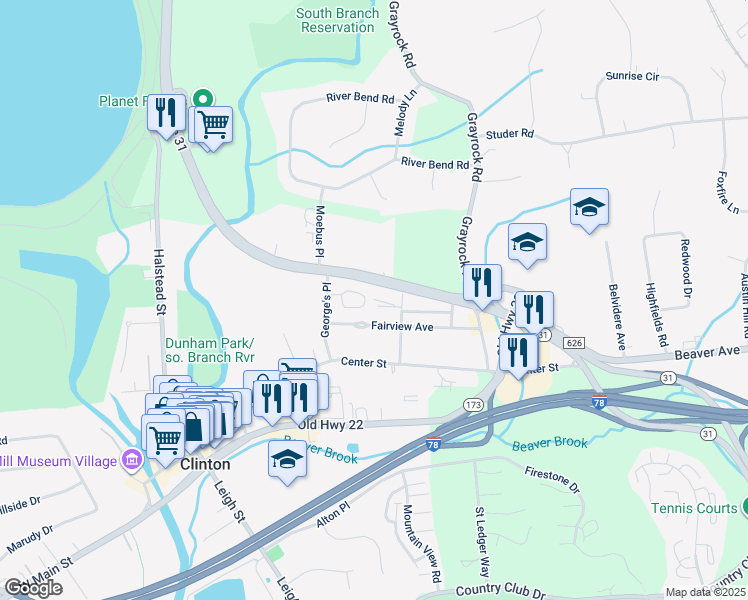 map of restaurants, bars, coffee shops, grocery stores, and more near 6 Hillcrest Park in Clinton
