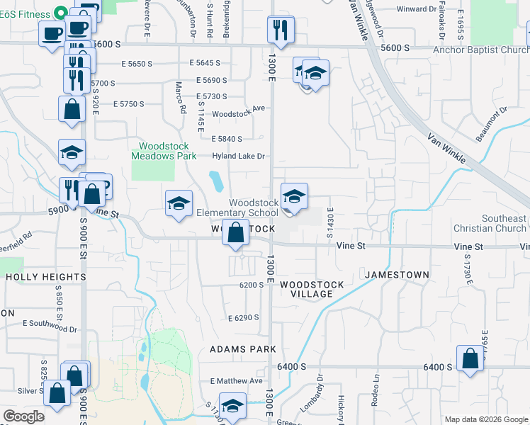 map of restaurants, bars, coffee shops, grocery stores, and more near 6002 South 1300 East in Murray