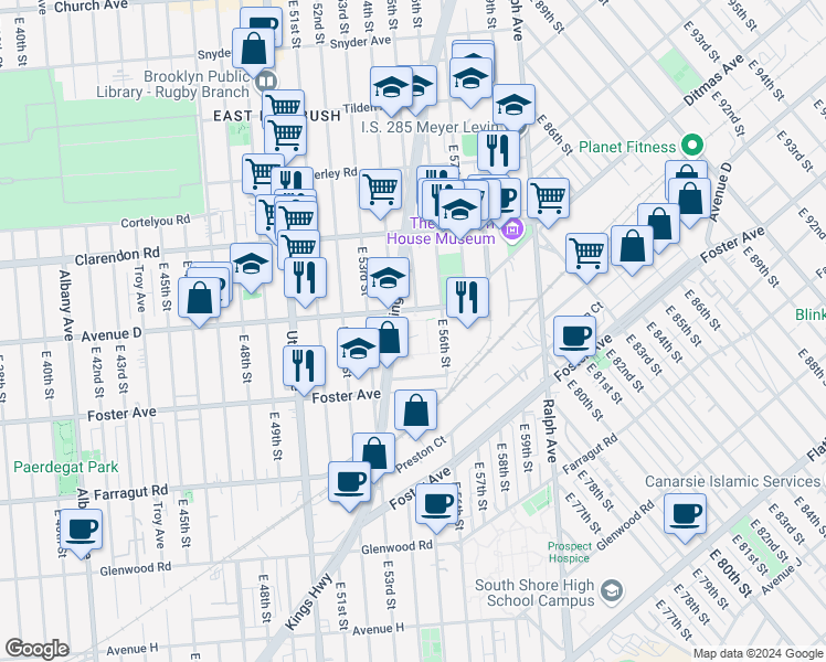 map of restaurants, bars, coffee shops, grocery stores, and more near 615 East 55th Street in Brooklyn