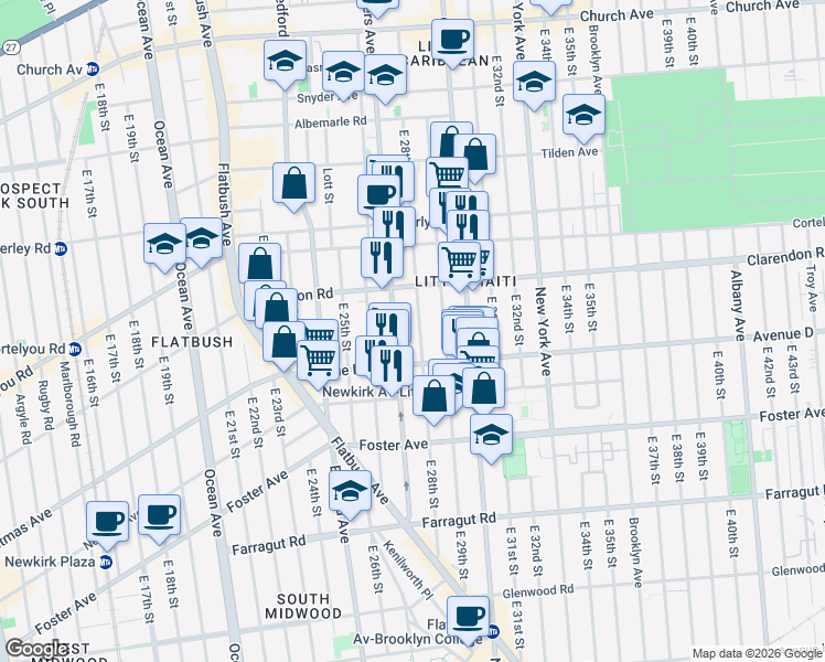 map of restaurants, bars, coffee shops, grocery stores, and more near 1119 Rogers Avenue in Brooklyn