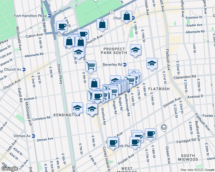 map of restaurants, bars, coffee shops, grocery stores, and more near 279 Argyle Road in Brooklyn