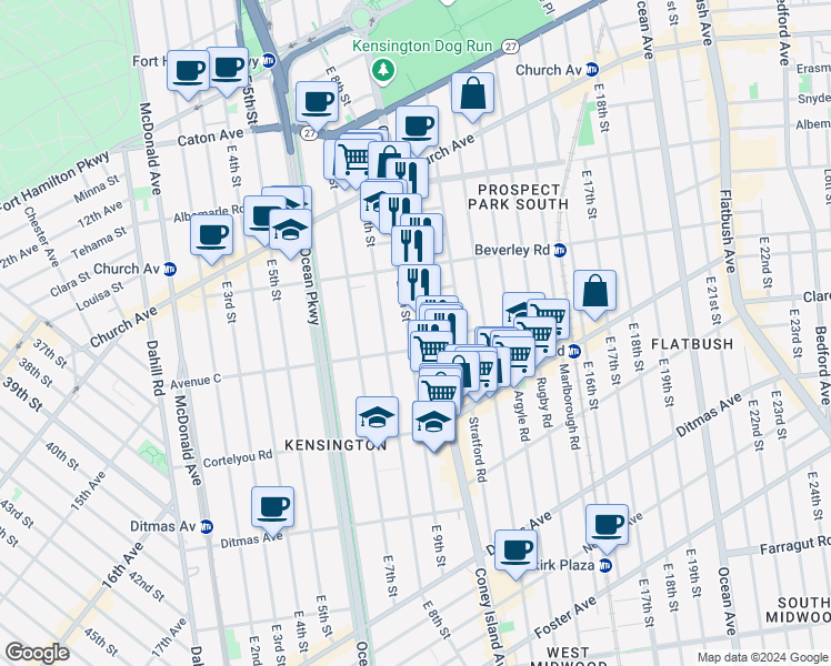 map of restaurants, bars, coffee shops, grocery stores, and more near 5 Matthews Court in Brooklyn