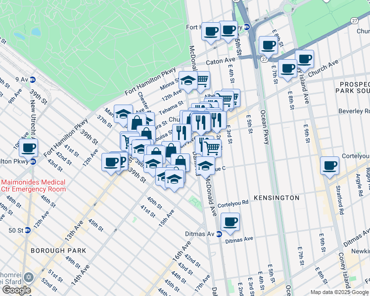 map of restaurants, bars, coffee shops, grocery stores, and more near 25 Story Court in Brooklyn