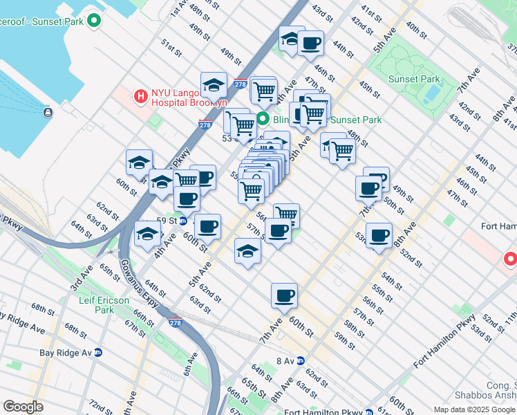 map of restaurants, bars, coffee shops, grocery stores, and more near 5516 5th Avenue in Brooklyn