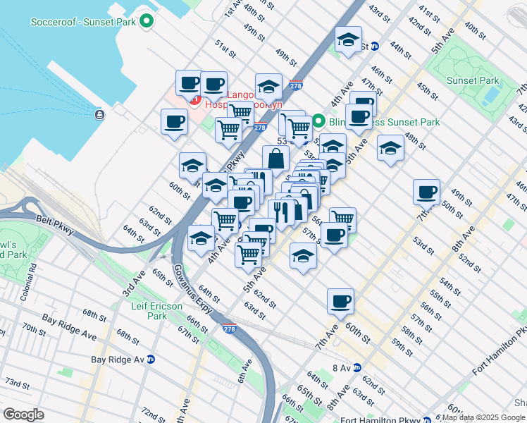 map of restaurants, bars, coffee shops, grocery stores, and more near 5713 4th Avenue in Brooklyn