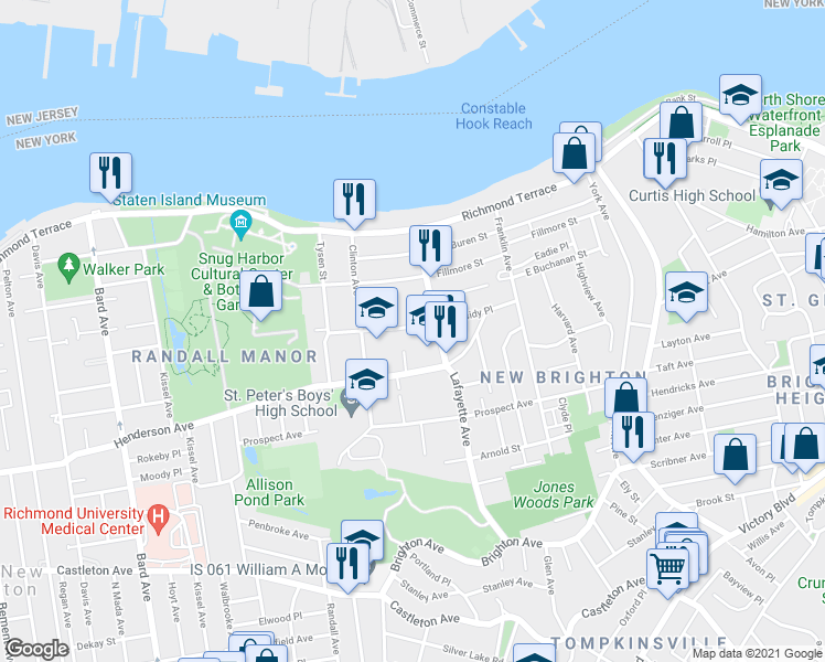 map of restaurants, bars, coffee shops, grocery stores, and more near 100 Lafayette Avenue in Staten Island