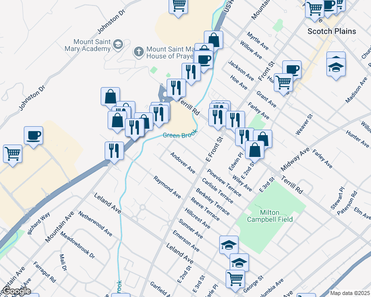 map of restaurants, bars, coffee shops, grocery stores, and more near 57-59 Birch Avenue in Plainfield