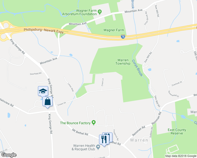 map of restaurants, bars, coffee shops, grocery stores, and more near 8 Crest Lane in Warren