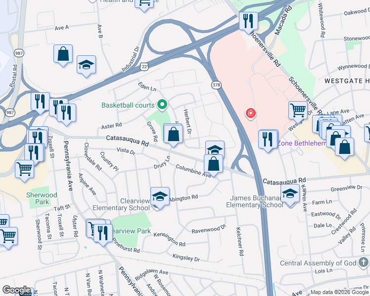map of restaurants, bars, coffee shops, grocery stores, and more near 1954 Kenny Drive in Bethlehem