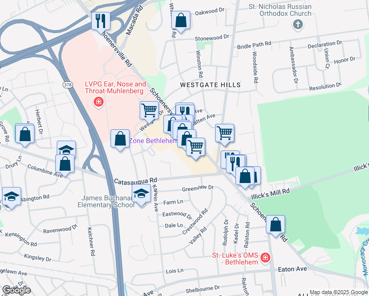 map of restaurants, bars, coffee shops, grocery stores, and more near 2285 Schoenersville Road in Bethlehem