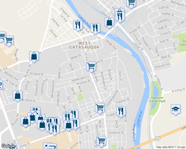 map of restaurants, bars, coffee shops, grocery stores, and more near 1221 3rd Street in Whitehall