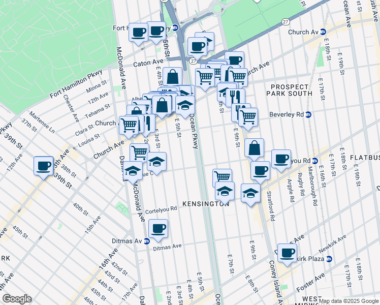 map of restaurants, bars, coffee shops, grocery stores, and more near 300 Ocean Parkway in Brooklyn
