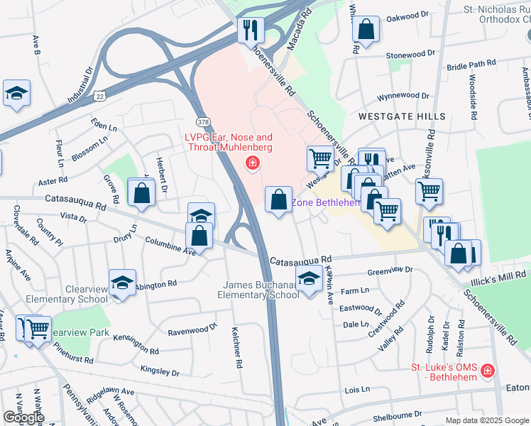 map of restaurants, bars, coffee shops, grocery stores, and more near 2085 Westgate Drive in Bethlehem