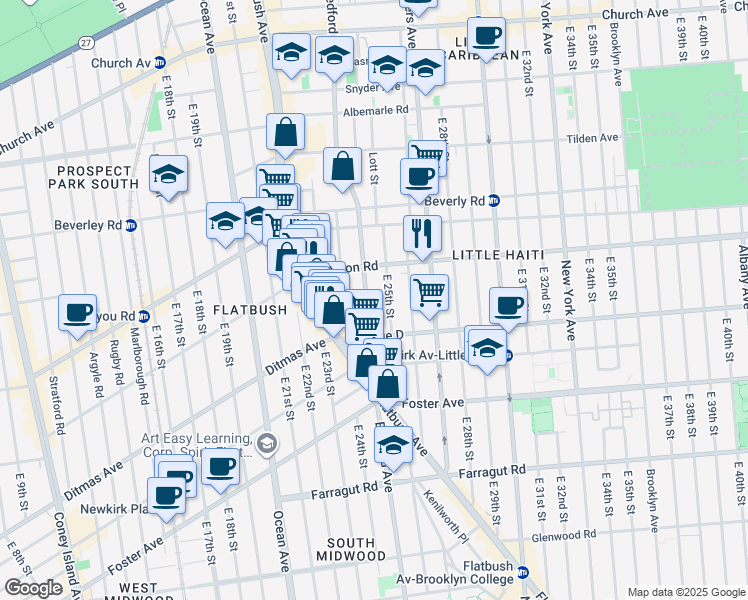 map of restaurants, bars, coffee shops, grocery stores, and more near 2525 Bedford Avenue in Brooklyn