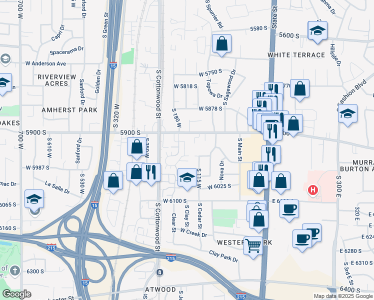 map of restaurants, bars, coffee shops, grocery stores, and more near 5906 South Sultan Circle in Murray