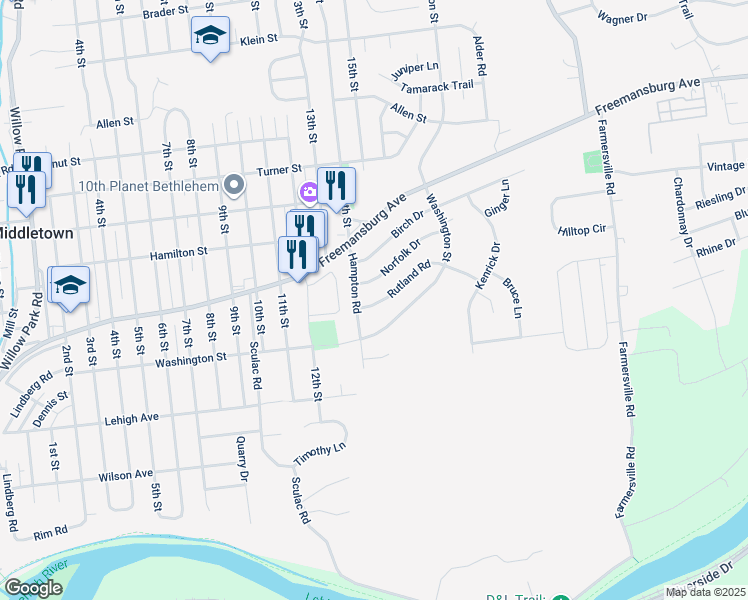 map of restaurants, bars, coffee shops, grocery stores, and more near 3933 Rutland Road in Bethlehem