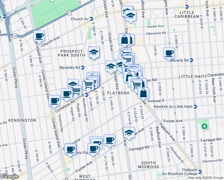 map of restaurants, bars, coffee shops, grocery stores, and more near 341 East 19th Street in Brooklyn