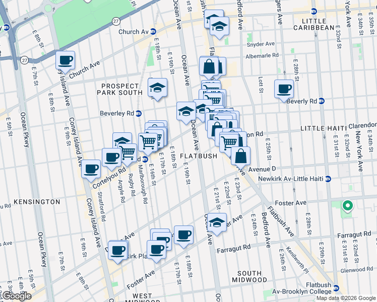 map of restaurants, bars, coffee shops, grocery stores, and more near 341 East 19th Street in Brooklyn