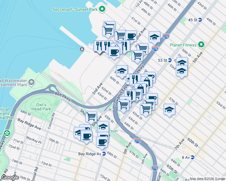 map of restaurants, bars, coffee shops, grocery stores, and more near 241 61st Street in Brooklyn