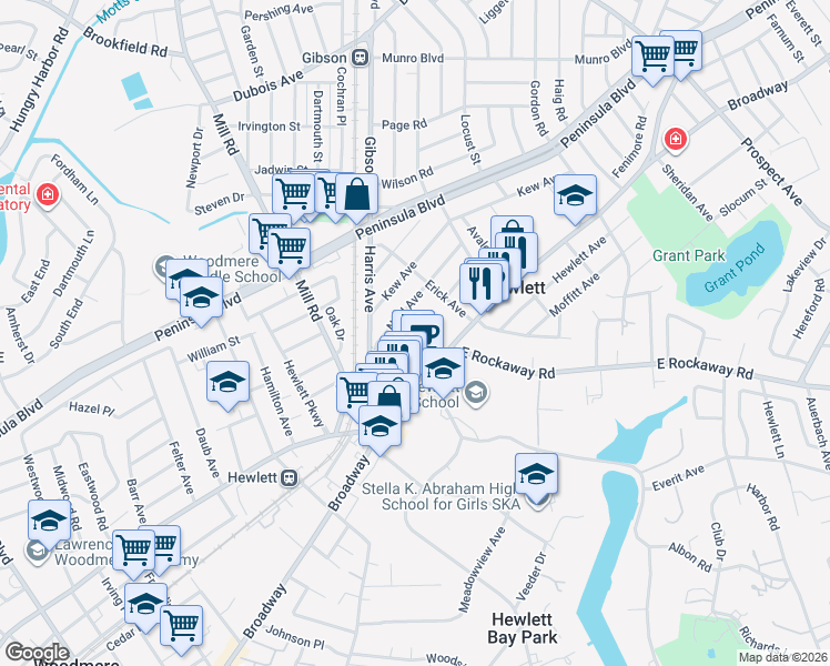 map of restaurants, bars, coffee shops, grocery stores, and more near 1379 Noel Avenue in Hewlett