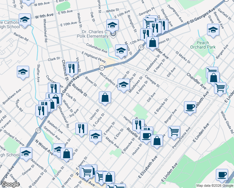 map of restaurants, bars, coffee shops, grocery stores, and more near 721 East Curtis Street in Linden