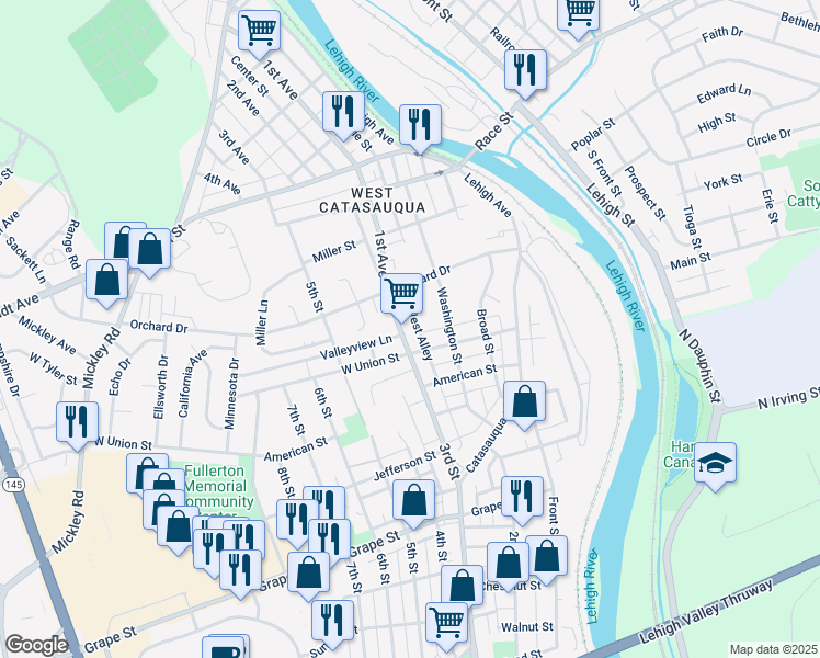 map of restaurants, bars, coffee shops, grocery stores, and more near 1221 3rd Street in Whitehall