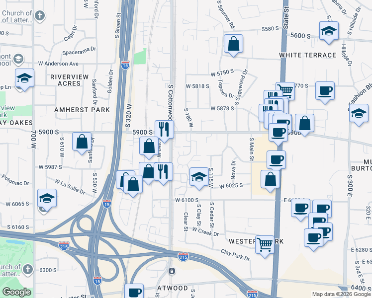 map of restaurants, bars, coffee shops, grocery stores, and more near 185 West 5900 South in Murray