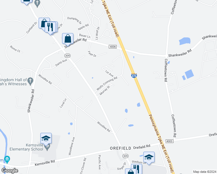 map of restaurants, bars, coffee shops, grocery stores, and more near 4447 Murray Street in Lehigh County