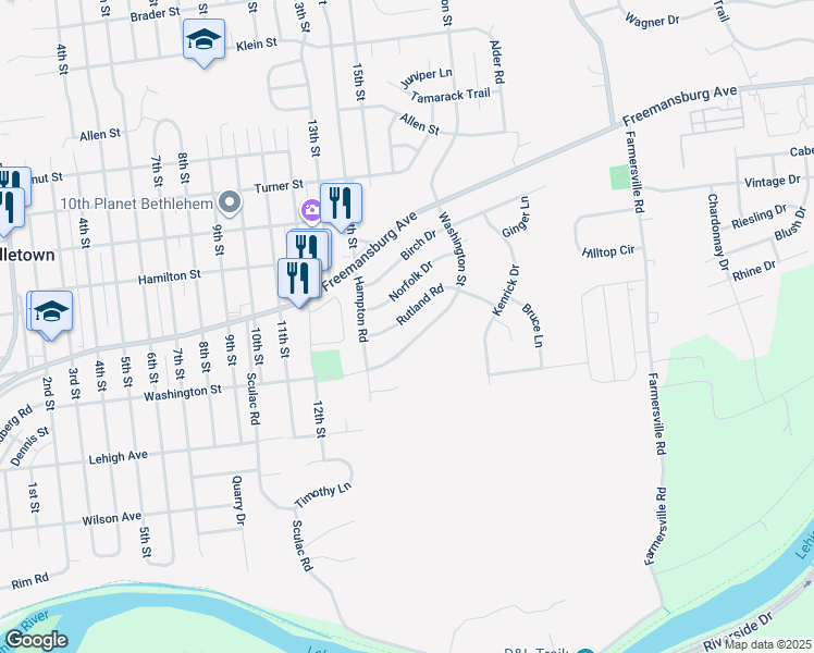 map of restaurants, bars, coffee shops, grocery stores, and more near 3938 Rutland Road in Bethlehem