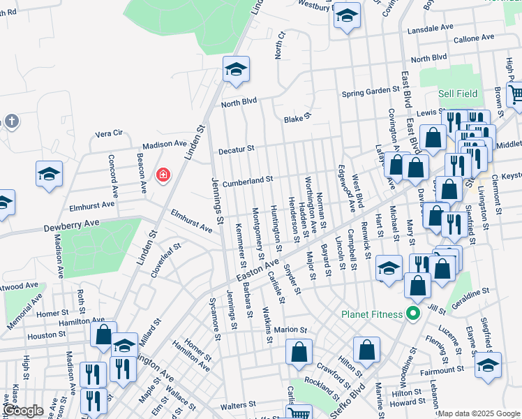 map of restaurants, bars, coffee shops, grocery stores, and more near 2104 Montgomery Street in Bethlehem