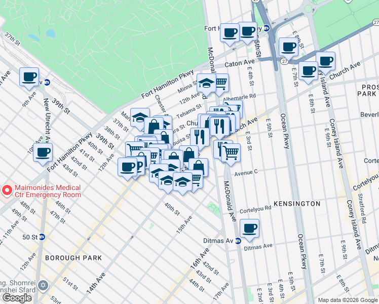 map of restaurants, bars, coffee shops, grocery stores, and more near 97 Louisa Street in Brooklyn