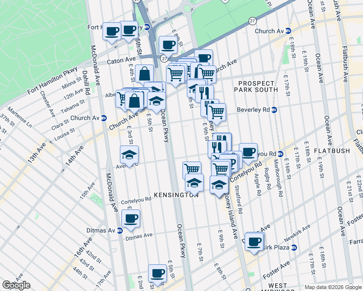 map of restaurants, bars, coffee shops, grocery stores, and more near 387 East 7th Street in Brooklyn