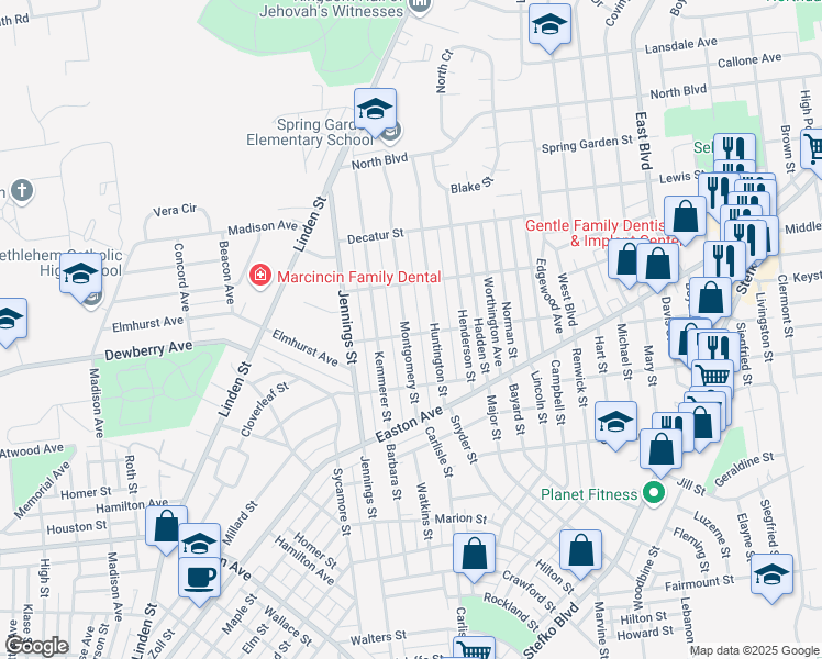 map of restaurants, bars, coffee shops, grocery stores, and more near 2104 Montgomery Street in Bethlehem