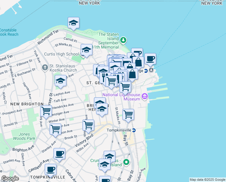 map of restaurants, bars, coffee shops, grocery stores, and more near 325 Saint Marks Place in Staten Island