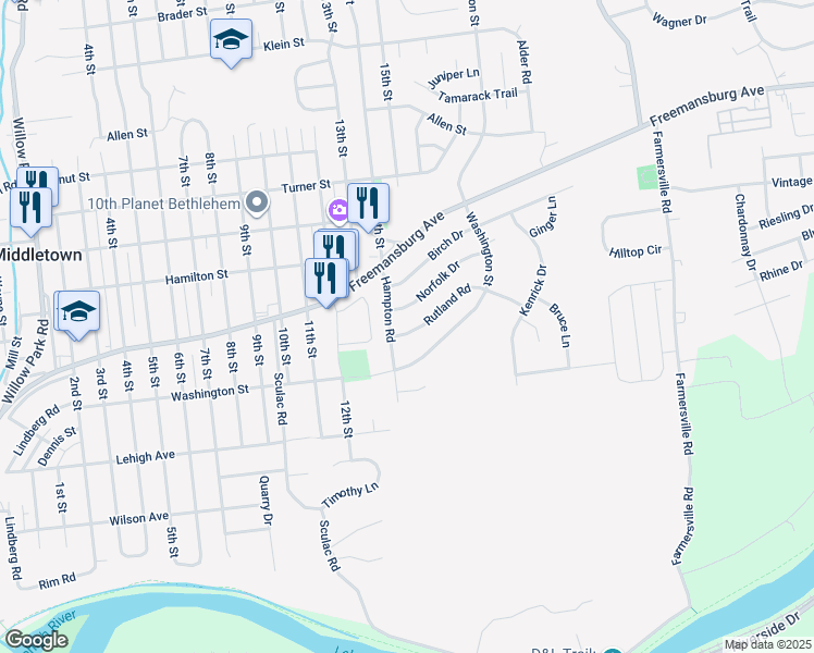 map of restaurants, bars, coffee shops, grocery stores, and more near 3933 Rutland Road in Bethlehem