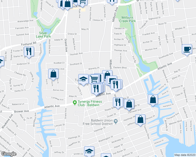 map of restaurants, bars, coffee shops, grocery stores, and more near 2782 Central Avenue in Baldwin