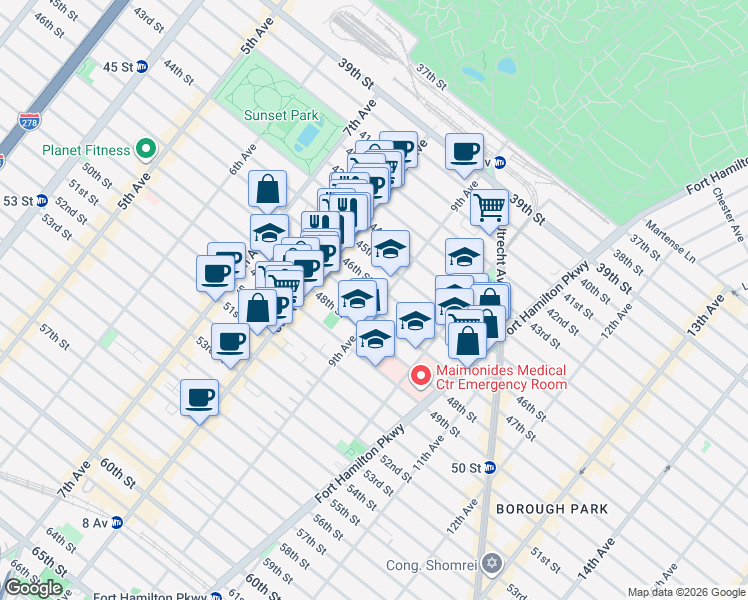 map of restaurants, bars, coffee shops, grocery stores, and more near 4600 9th Avenue in Brooklyn