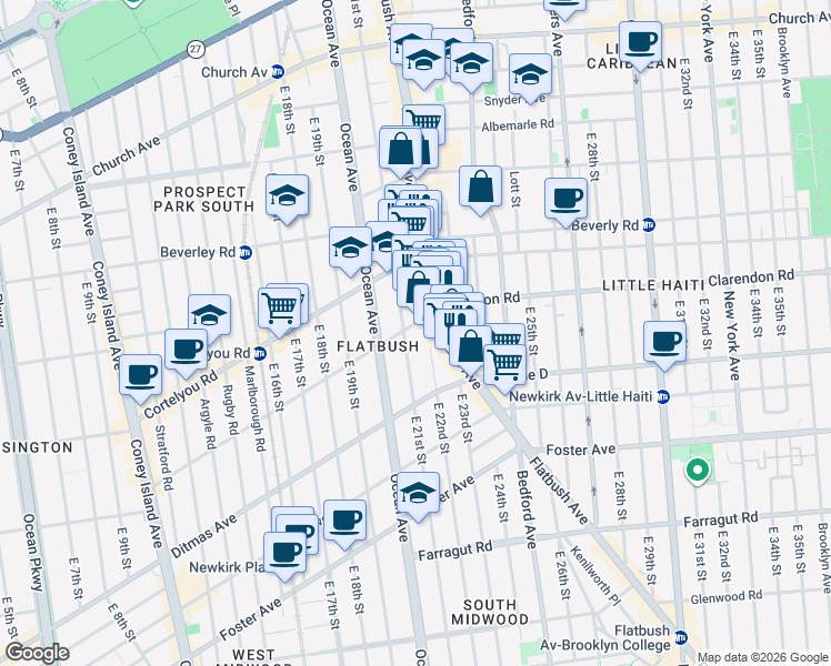 map of restaurants, bars, coffee shops, grocery stores, and more near 1135 Flatbush Avenue in Brooklyn