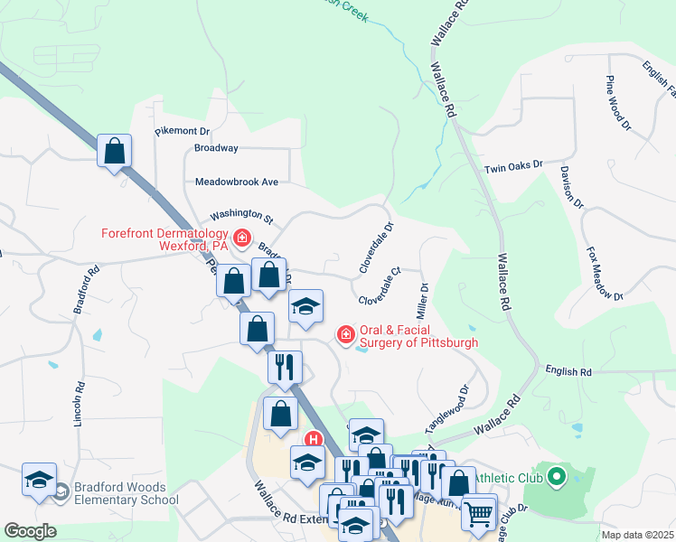 map of restaurants, bars, coffee shops, grocery stores, and more near 453 Cloverdale Drive in Wexford