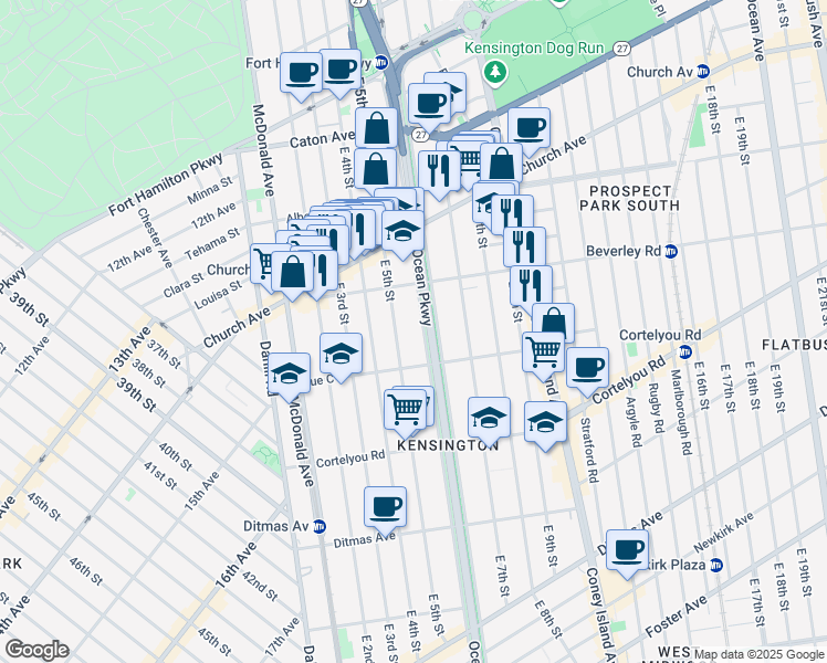 map of restaurants, bars, coffee shops, grocery stores, and more near 300 Ocean Parkway in Brooklyn