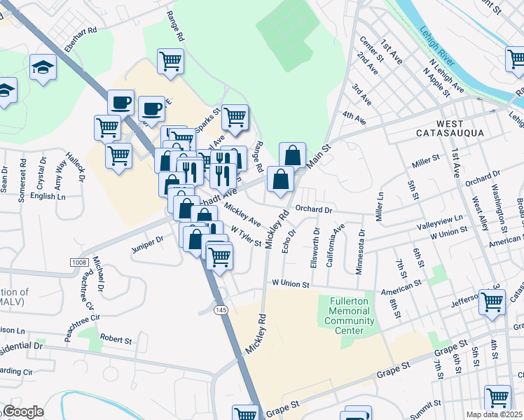 map of restaurants, bars, coffee shops, grocery stores, and more near 1316 Albert Street in Fullerton