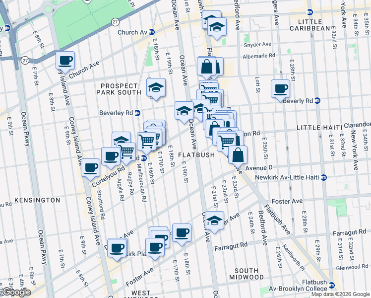 map of restaurants, bars, coffee shops, grocery stores, and more near 339 East 19th Street in Brooklyn