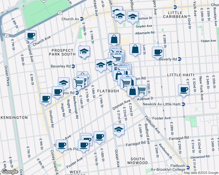 map of restaurants, bars, coffee shops, grocery stores, and more near 855 Ocean Avenue in Brooklyn