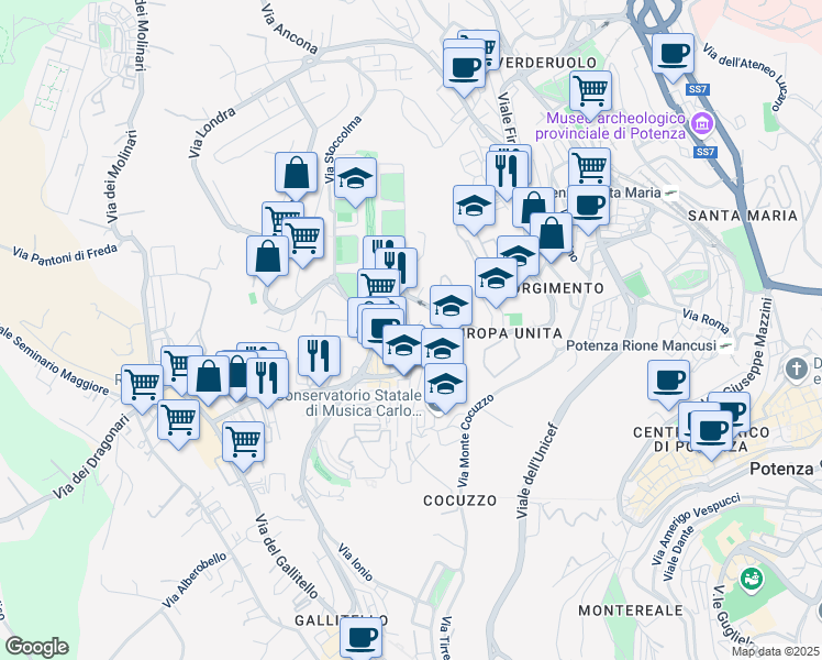 map of restaurants, bars, coffee shops, grocery stores, and more near Piazza della Costituzione Italiana in Potenza