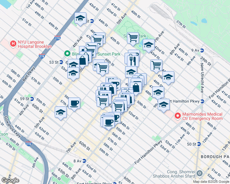 map of restaurants, bars, coffee shops, grocery stores, and more near 7th Ave & 51st St in Brooklyn