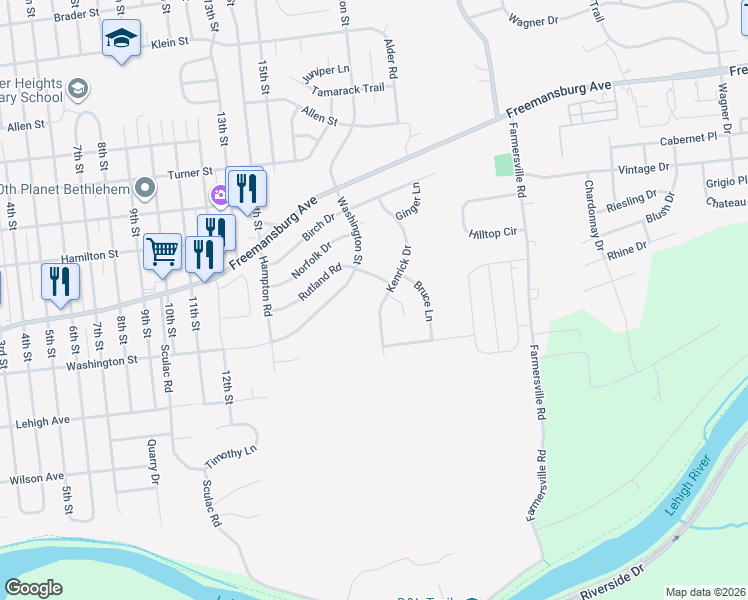 map of restaurants, bars, coffee shops, grocery stores, and more near 3955 Kenrick Drive in Bethlehem